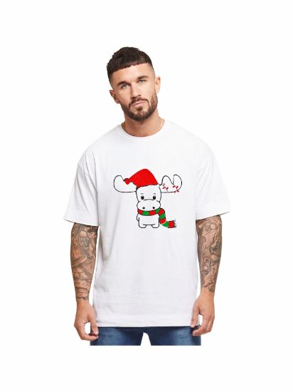 Ren Geyiği Baskılı Noel İçin T-shirt - Beyaz resmi
